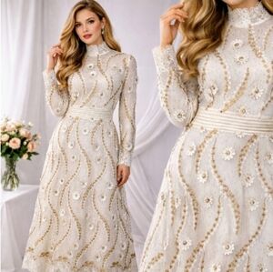 Zhivago White & Gold Floral Embellished Floral Lace Dress Size M Custom Design